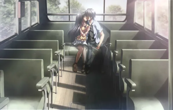 Картинка поцелуй, автобус, сиденья, двое, art, школьники, visual novel, natsuzora perseus, mitsuishi shouna