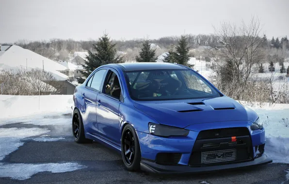 Картинка Mitsubishi, Lancer, Evolution, blue, winter