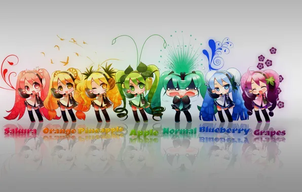 Картинка серый, фон, Hatsune Miku, разноцветные, Vocaloid, много, аватары, причёски