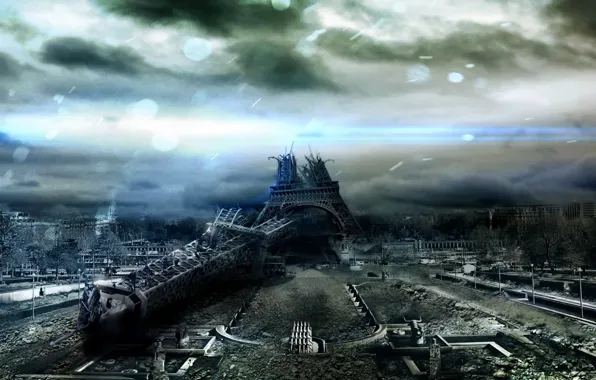 Картинка Париж, Небо, Тучи, Апокалипсис, Эйфелева башня, Разрушения, Просвет, Мрак.