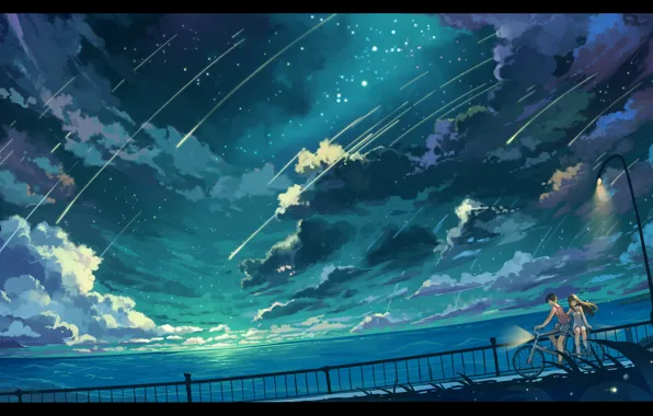 Картинка небо, девушка, звезды, облака, пейзаж, природа, велосипед, океан, аниме, арт, фонари, парень, haraguroi you