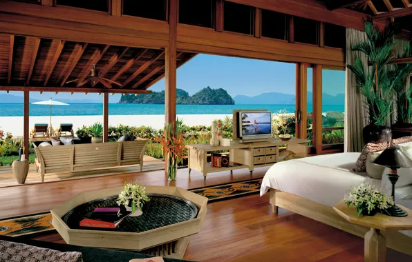 Картинка море, пейзаж, диван, вилла, книги, кровать, телевизор, столик, спальня, villa, остров., malaysia