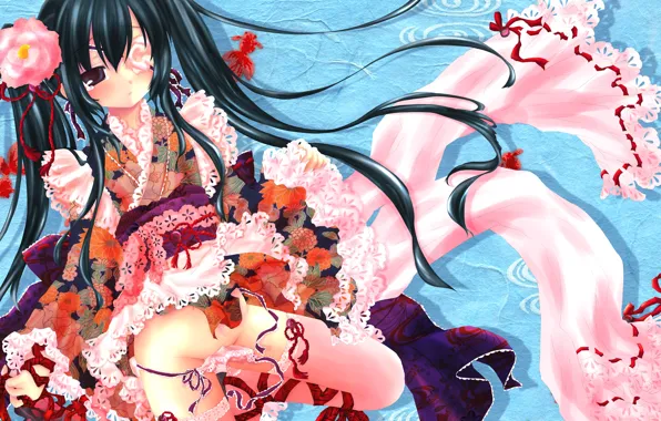 Картинка цветок, девушка, ленты, белье, чулки, аниме, слезы, арт, кимоно, бант, gintama, yagyu kyubei