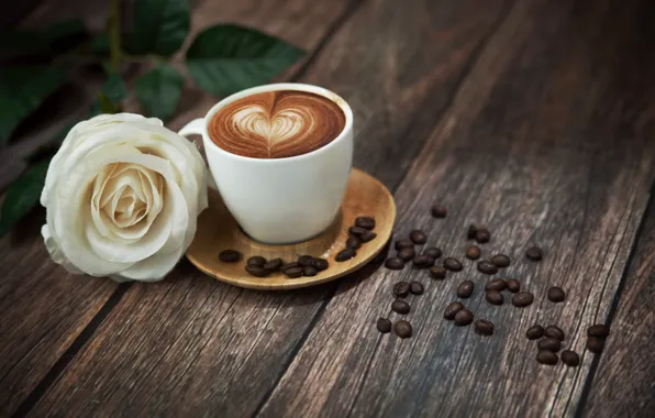 Картинка цветок, пена, стол, роза, кофе, кружка, напиток, сердечко, белая роза