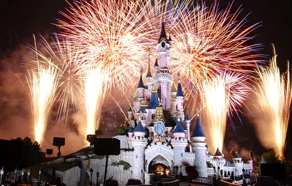Картинка замок, Франция, Париж, Ночь, фейерверк, Paris, Диснейленд, France, castle, Disneyland, Cinderella castle