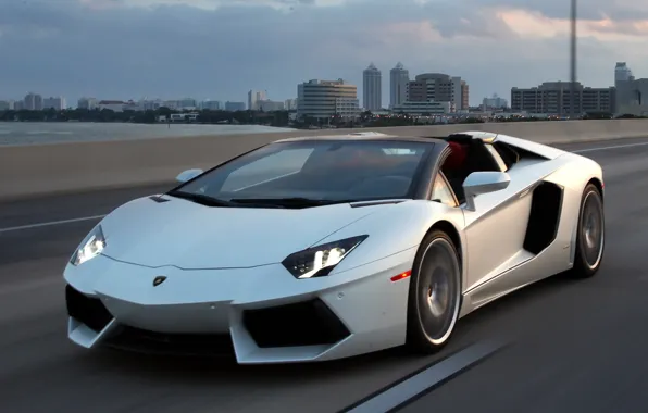 Картинка дорога, небо, white, roadster, LP700-4, Lamborghini Aventador