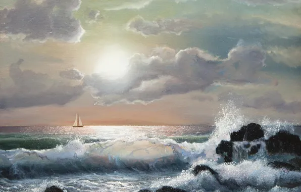 Картинка небо, облака, корабль, горизонт, живопись, море. волны