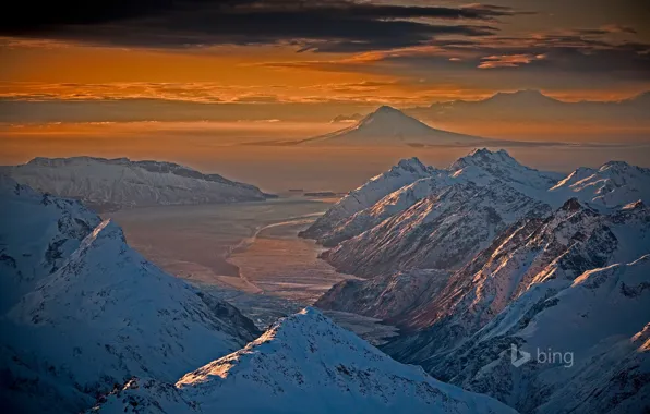 Картинка снег, горы, природа, Аляска, зарево, США, Lake Clark National Park, Chigmit Mountains