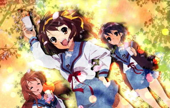 Картинка радость, nagato yuki, подруги, матроски, mikuru asahina, haruhi suzumiya