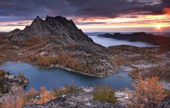 Картинка деревья, закат, горы, природа, озёра, Prusik Peak