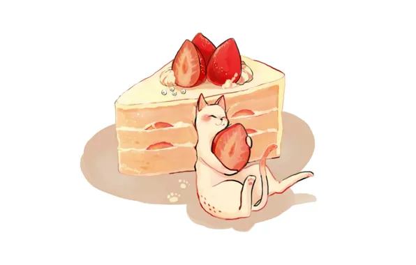 Картинка тень, клубничка, торт, белый фон, вкуснятина, крем, кусок торта, белый котенок