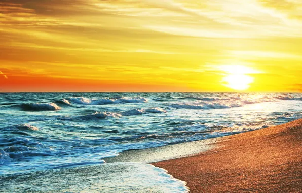 Картинка песок, море, пляж, небо, солнце, закат, берег, summer, beach, sea, sunset