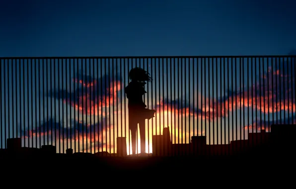 Картинка небо, девушка, солнце, облака, закат, забор, дома, аниме, силуэт, арт, kibunya 39