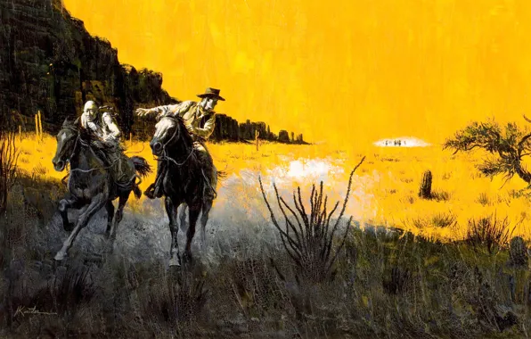 Картинка погоня, лошади, прерия, ковбои, дикий запад, Mort Künstler