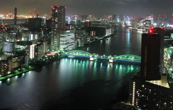 Картинка ночь, мост, река, Tokyo, japan