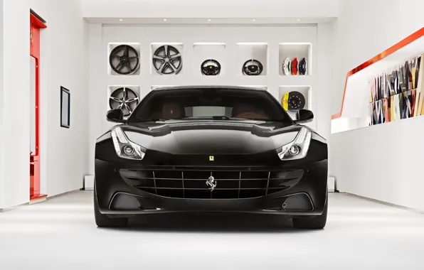 Картинка комната, Ferrari, феррари, диски, black, front, суппорт, полки, тормозной диск, рули