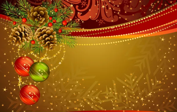 Картинка праздник, игрушки, новый год, ель, вектор, декорации, шишки, happy new year, christmas decoration, новогодние обои, …