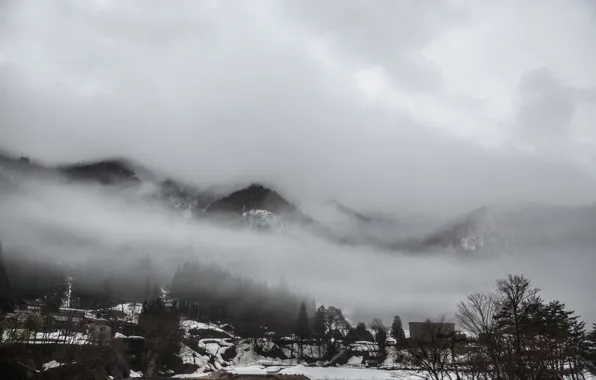 Картинка winter, mountains, clouds, fog, village