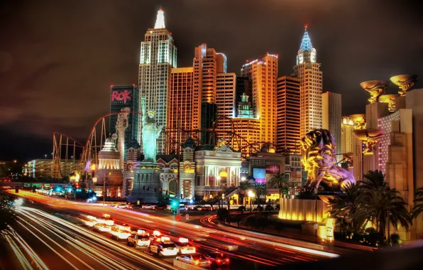 Картинка дорога, ночь, огни, отель, New York New York, Las Vegas