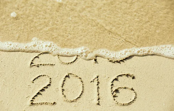 Картинка песок, море, пляж, Новый Год, цифры, New Year, Happy, 2016