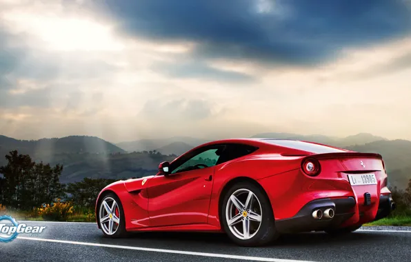 Картинка Top Gear, Ferrari, Red, Landscape, Sun, Supercar, Berlinetta, F12, Rear