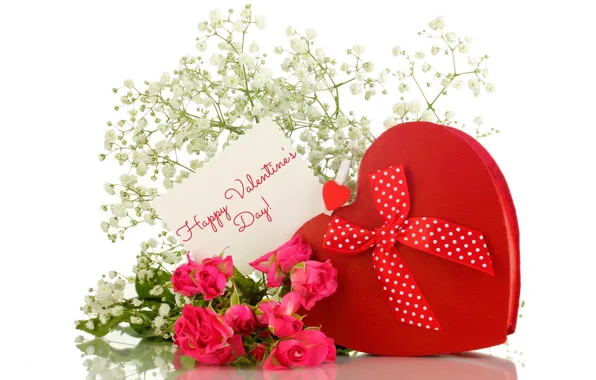 Картинка любовь, красный, подарок, романтика, сердце, розы, бантик, Valentine`s day, день всех влюбленных, день Святого Валентина