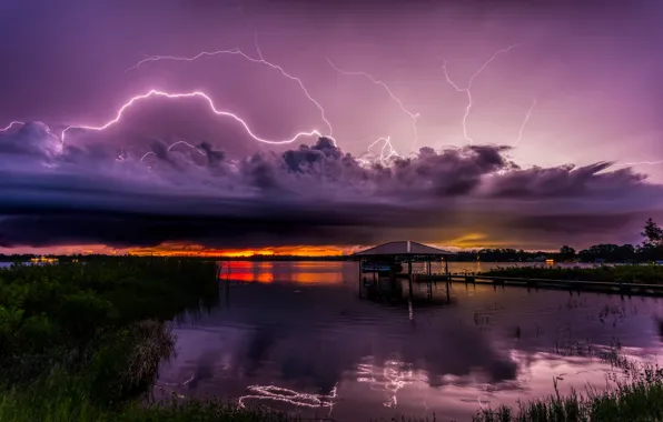 Картинка тучи, озеро, стихия, молнии, непогода, Florida, Lake Charlotte, Sebring