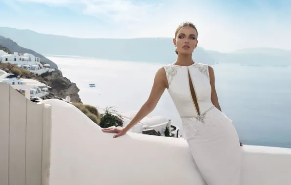 Картинка море, девушка, вид, Санторини, белое платье