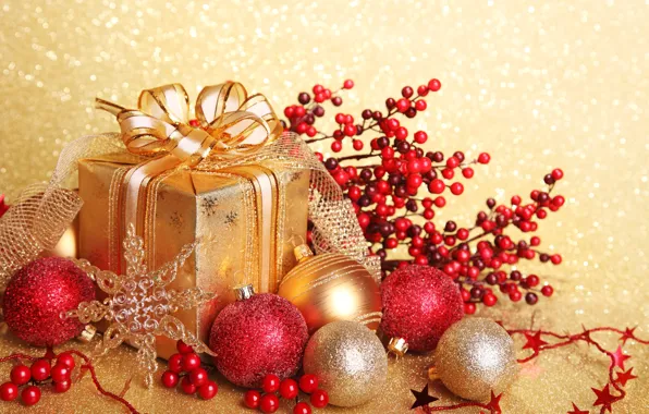 Картинка шарики, украшения, ленты, золото, коробка, подарок, шары, игрушки, блестки, Новый Год, Рождество, красные, бант, Christmas, …