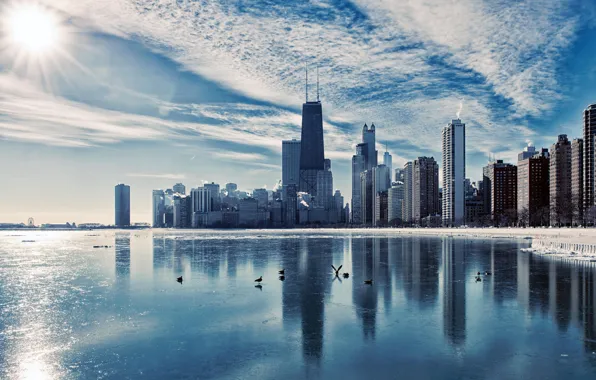 Картинка зима, город, река, лёд, небоскребы, вечер, Чикаго, Иллиноис