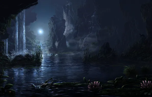 Картинка пейзаж, ночь, озеро, луна, водопад, Fel-X