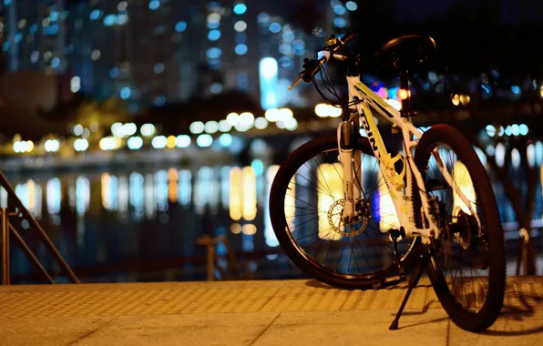 Картинка ночь, велосипед, город, огни, отражение, улица, Япония, боке