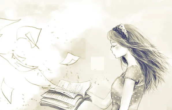 Картинка девушка, ветер, книга, страницы