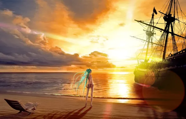 Картинка песок, море, облака, корабль, аниме, girl, лежак, anime, вокалоид.закат, мика