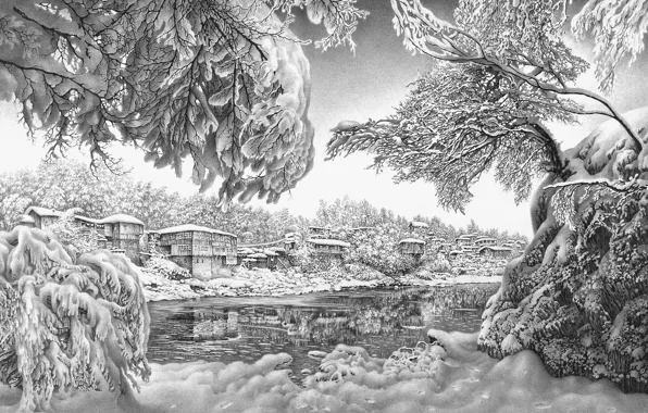 Картинка зима, природа, арт, карандаш, чёрно белое, GURAM