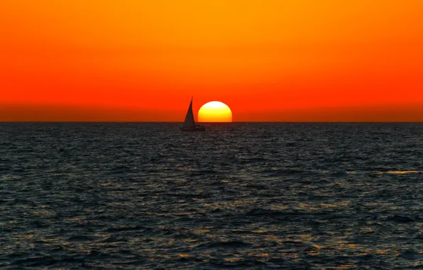Картинка море, закат, лодка, горизонт, парусный спорт, оранжевое небо