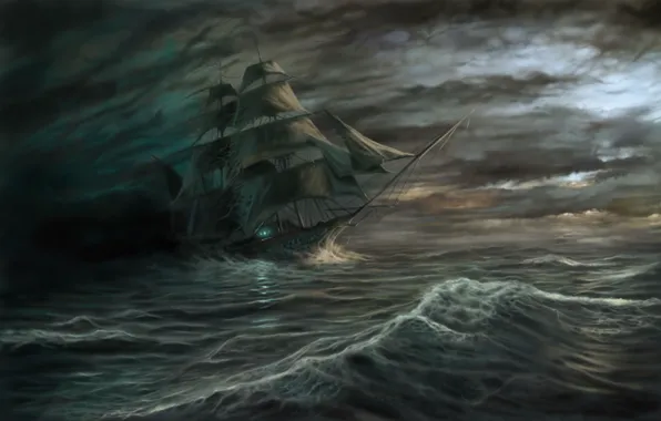 Картинка море, волны, тучи, шторм, корабль, призрак