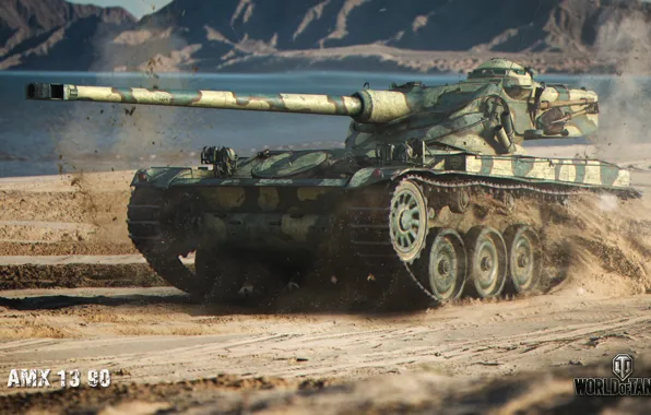 Картинка песок, море, побережье, легкий, скорость, пыль, танк, World of Tanks, французский, AMX 13 90