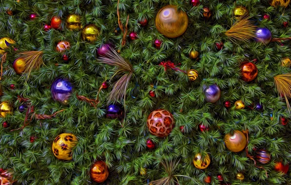 Картинка шарики, украшения, фон, праздник, игрушки, новый год, рождество, ель, обработка, ёлка, ёлочка, хвоя, ёлочные игрушки, …