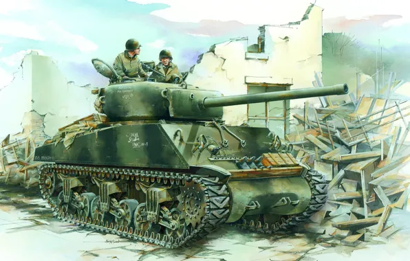 Картинка рисунок, танк, вторая мировая война, шерман, танкисты, sherman