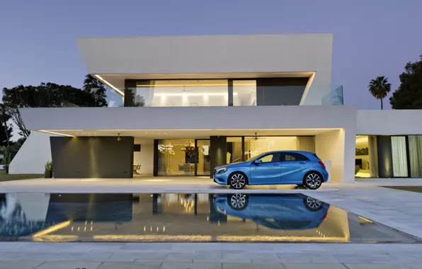 Картинка синий, дом, бассейн, Мерседес, Mercedes, A class