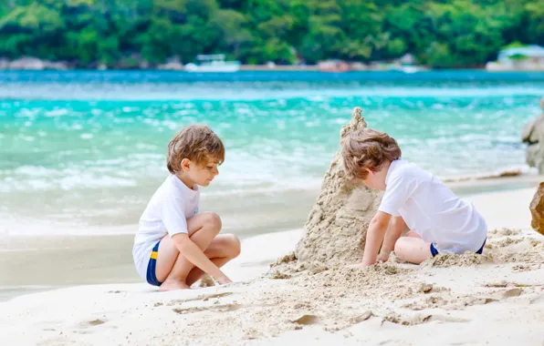 Картинка песок, море, пляж, дети, beach, друзья, coast, мальчики, child