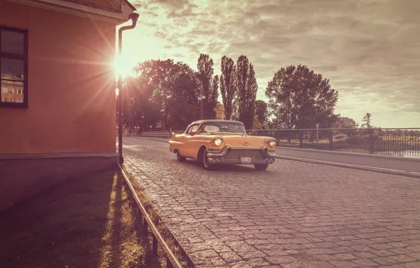 Картинка Cadillac, yellow, sunset, 1956, Coupe DeVille