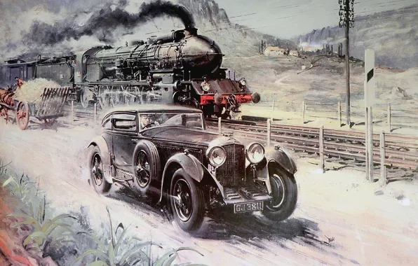 Картинка дорога, авто, ретро, паровоз, начало, дым., XX век
