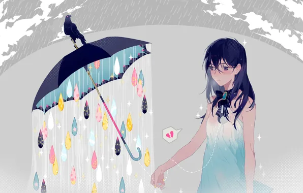 Картинка девушка, капли, дождь, зонт, аниме, арт, ворона, ryuutsuki basetsu