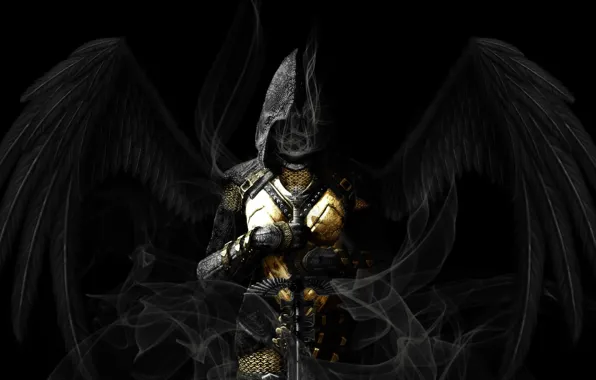 Картинка дым, ангел, меч, доспехи, капюшон, кольчуга, Skyrim, Angel, The Elder Scrolls V, черные крылья