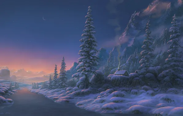 Картинка зима, снег, закат, горы, река, дома, вечер, арт, Fel-X