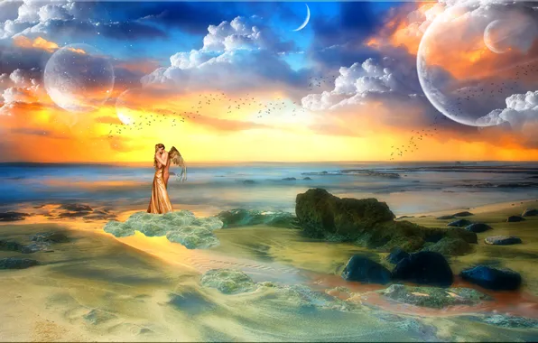 Картинка море, небо, девушка, облака, любовь, птицы, камни, фантастика, океан, планеты, человек, крылья, ангел, горизонт, love, …