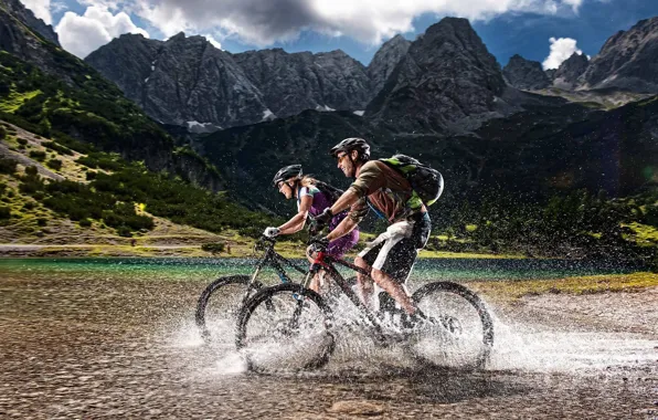 Картинка горы, природа, женщина, Альпы, мужчина, велосипедисты, туристы