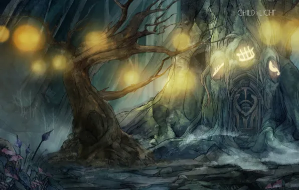 Картинка Fantasy, Tree, Wallpaper, Forest, Woods, Door, Child of Light, Glowing, Oak, Balls of Light